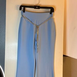 Chic Women's Blue Wide Leg Pants with Chain Accent